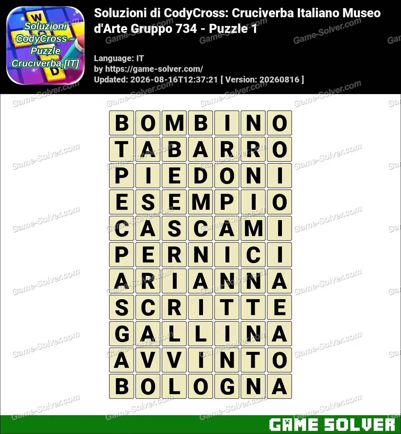 Soluzioni di CodyCross: Cruciverba Italiano Museo d’Arte Gruppo 734 – Puzzle 1